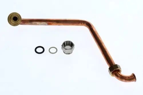 Kupferrohr in gebogener Form, mit einer Metallmutter und Dichtungen, geeignet für Verbindungen in Sanitär- oder Heizungsanlagen. Bosch ist als Hersteller erkennbar.